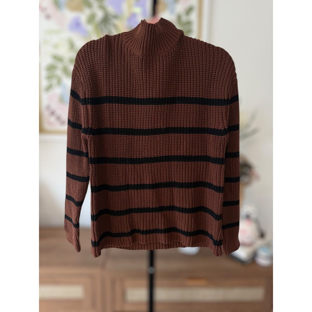 Evereve Striped Mock Neck Knit Pullover Sweater Dark Brown Black Womens Small